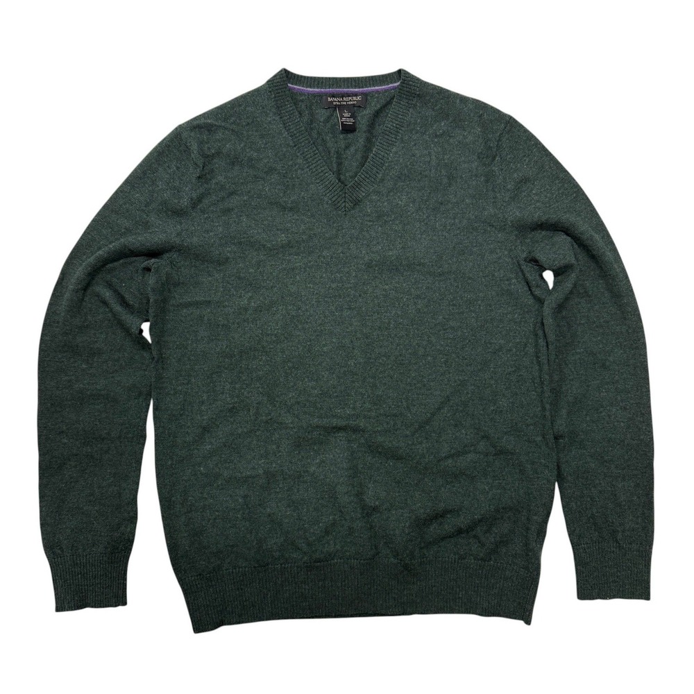 Banana Republic Sweater Mens Large Extra Fine Merino‎ Wool V-Neck Moss Green